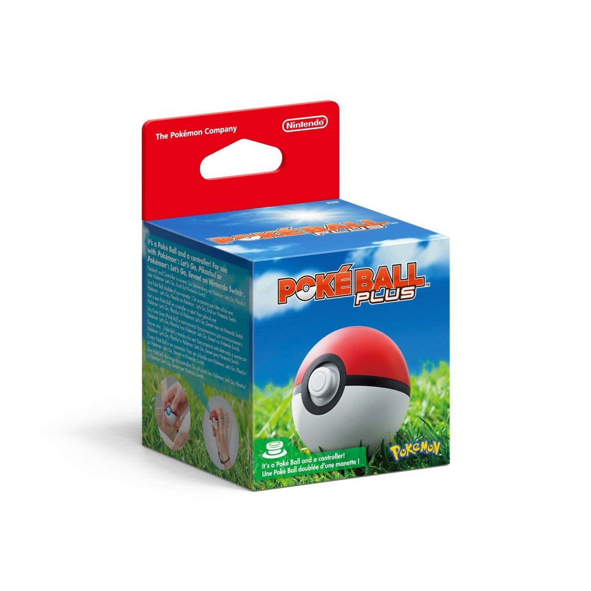 Eine Poke Ball Plus Box. Sie hat einen rot-weißen Poke Ball auf einem grünen Feld. Die Box ist rot und blau.
