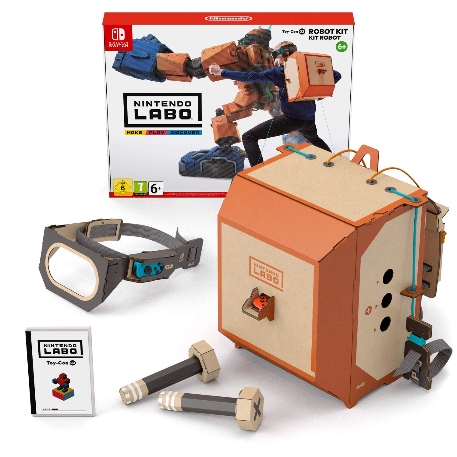 Nintendo Labo Robot Kit im Karton, mit verschiedenen Papp-Zubehörteilen und einer Person, die das Robot-Kit trägt.