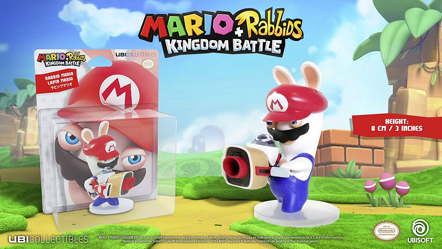 Mario Rabbids Spielzeug in Verpackung. Rabbid Mario mit Blaster und rotem Hut.