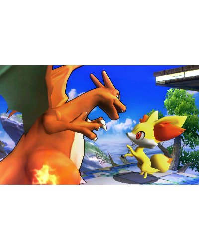 Zwei animierte Pokémon-Charaktere: Charizard und Fynx. Blauer Himmel und Land im Hintergrund.