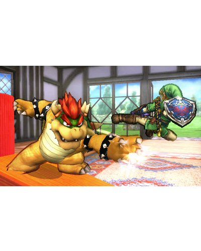 Bowser greift Link mit grüner Tunika und Schild in einem Raum an.