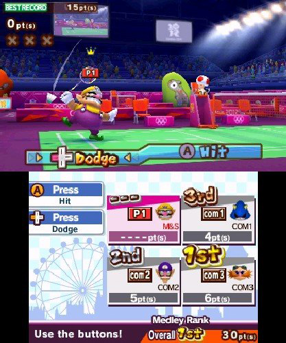Ein Screenshot eines Videospiels mit Zeichentrickfiguren, die Tennis spielen, mit Spieloberfläche.
