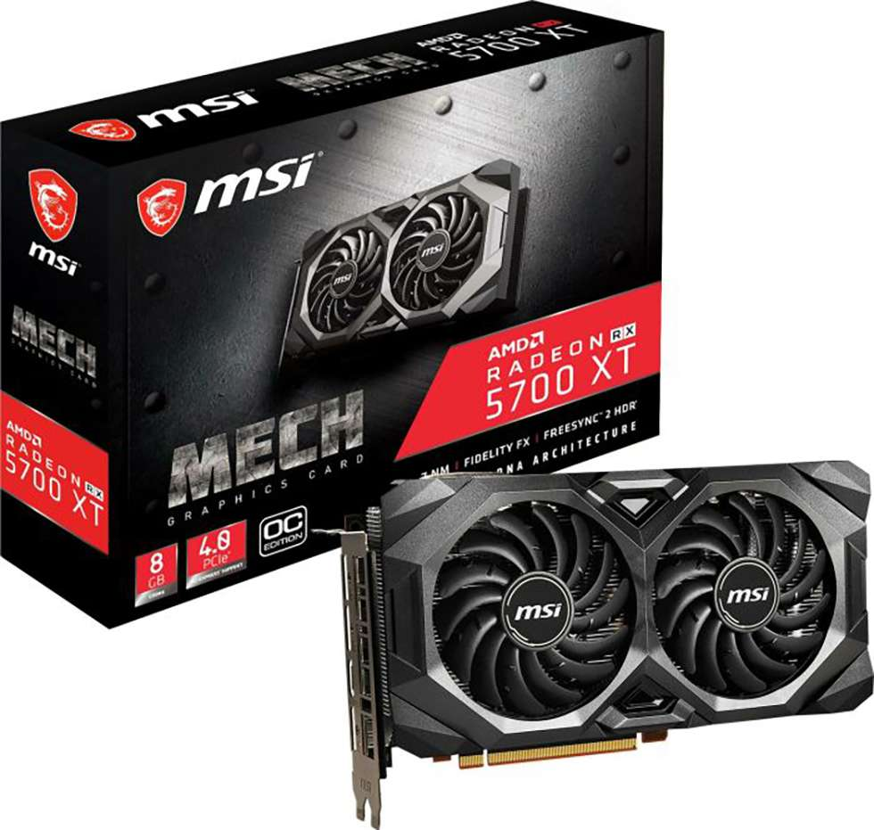 MSI Radeon RX 5700 XT Grafikkarte, schwarz mit zwei Lüftern, in der Box. Die Box ist schwarz und grau.
