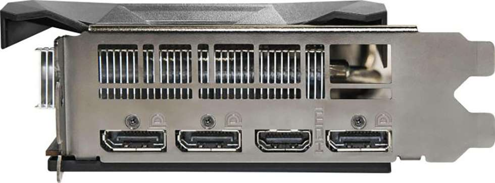 Eine Grafikkarte mit mehreren Anschlüssen. Sie hat vier HDMI-Anschlüsse.