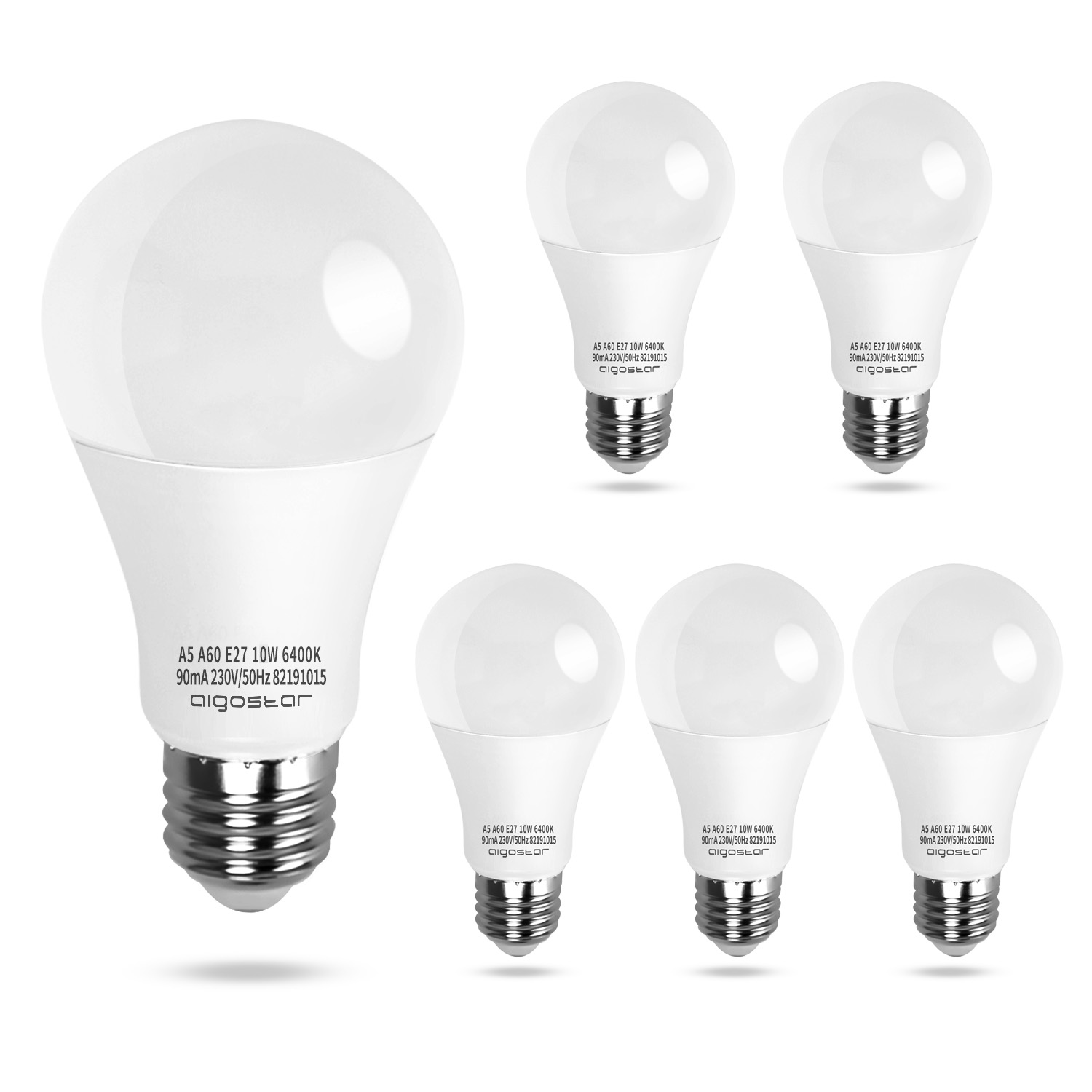 Sei lampadine bianche. Una lampadina grande in primo piano a sinistra.