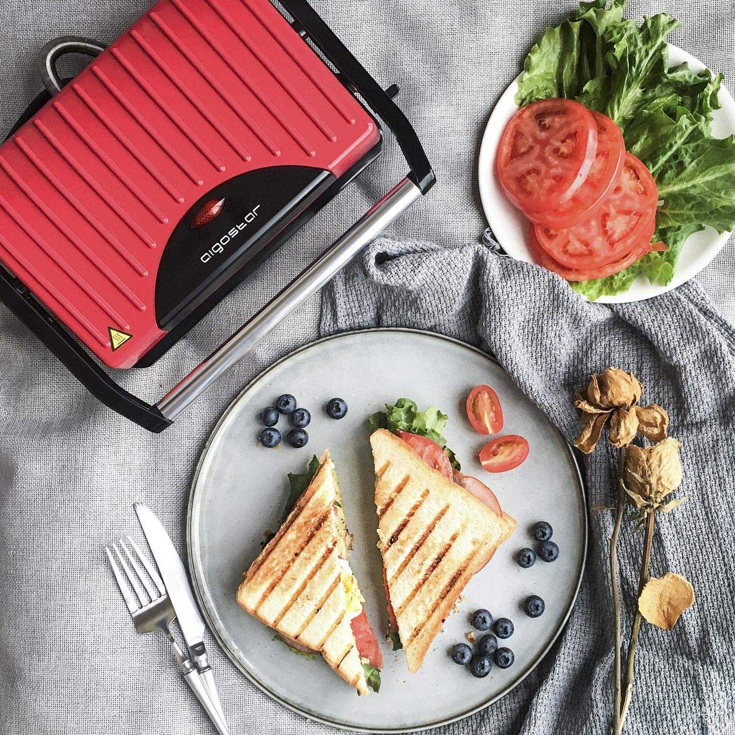 Griglia rossa con metà sandwich, pomodori, lattuga, mirtilli e un panno.