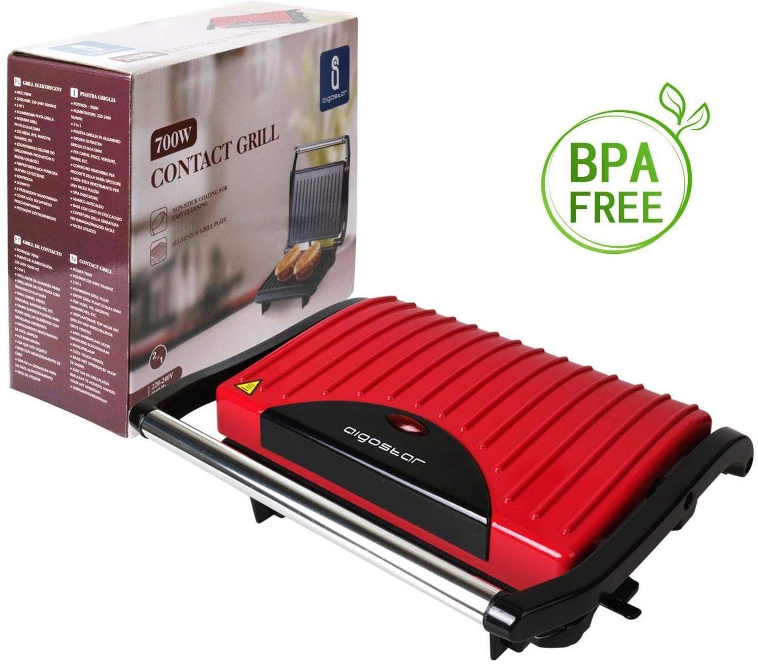 Ein roter Kontaktgrill mit einer Lebensmittelbox. Der Text lautet: 700W Kontaktgrill. Die Box hat auch eine Grafik des Grills.