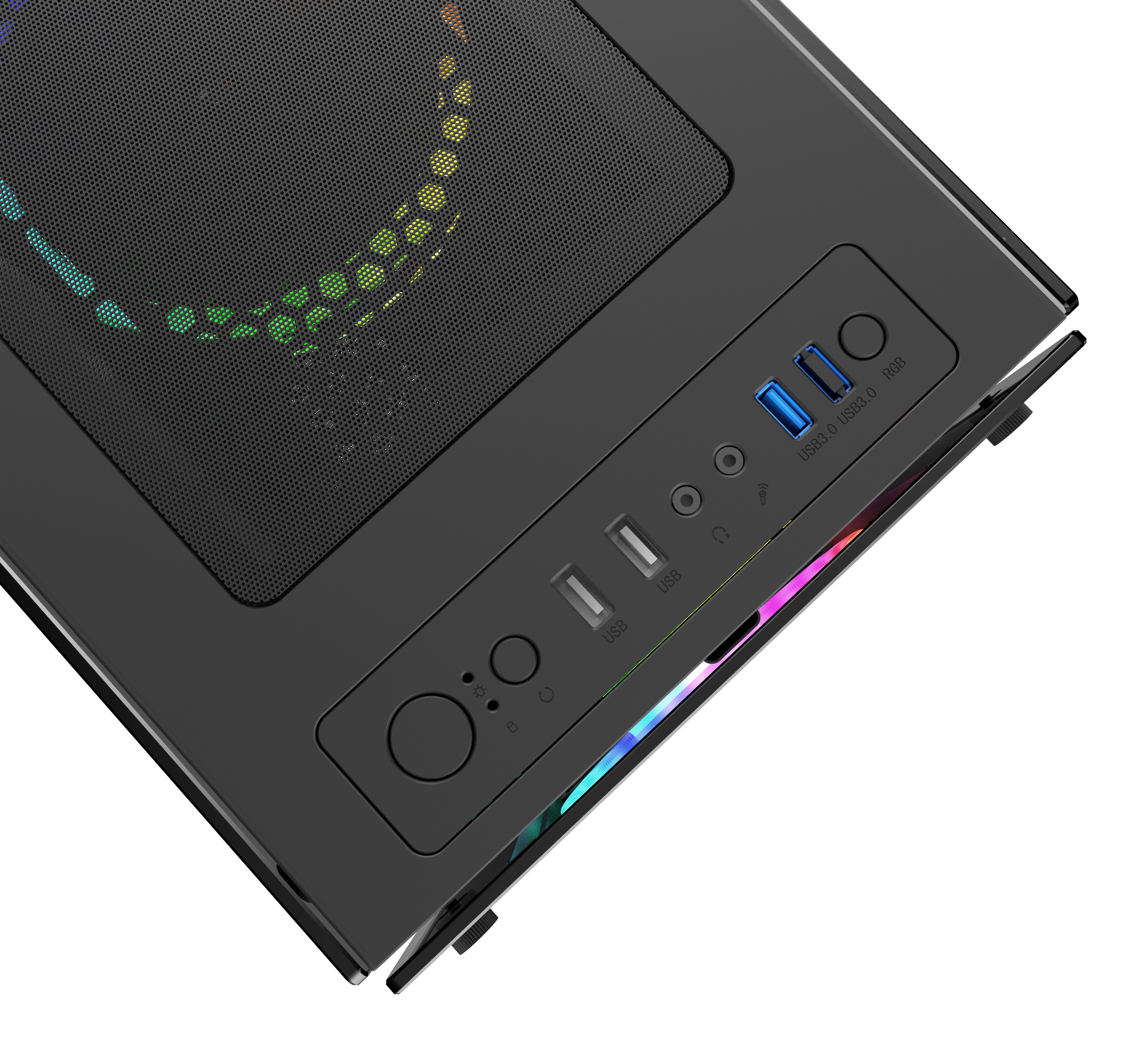 Draufsicht auf ein schwarzes PC-Gehäuse mit USB-Anschlüssen, Ein-/Aus-Taste und bunt beleuchtetem Lüfter.