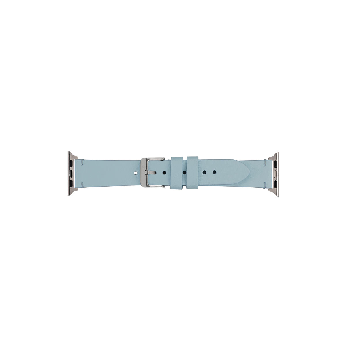 Hellblaues Apple Watch Armband. Silberner Verschluss sichtbar. Weißer Hintergrund.