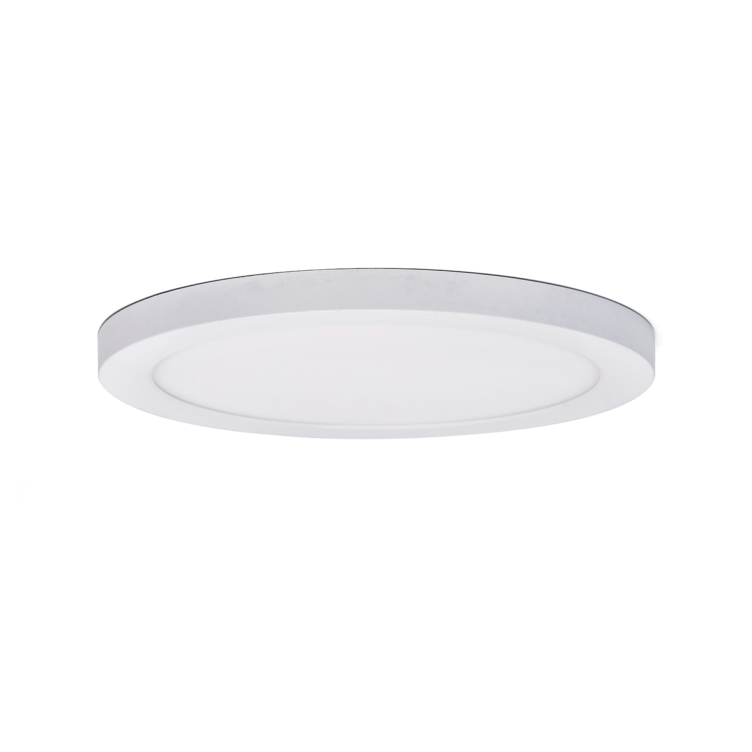 Una lampada da soffitto bianca, rotonda, a profilo piatto.