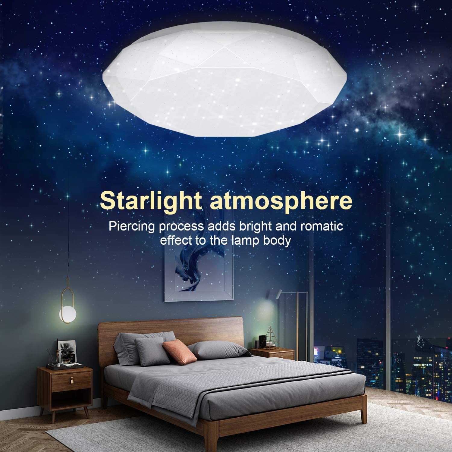 Una camera da letto moderna con letto, comodini e plafoniera cielo stellato.