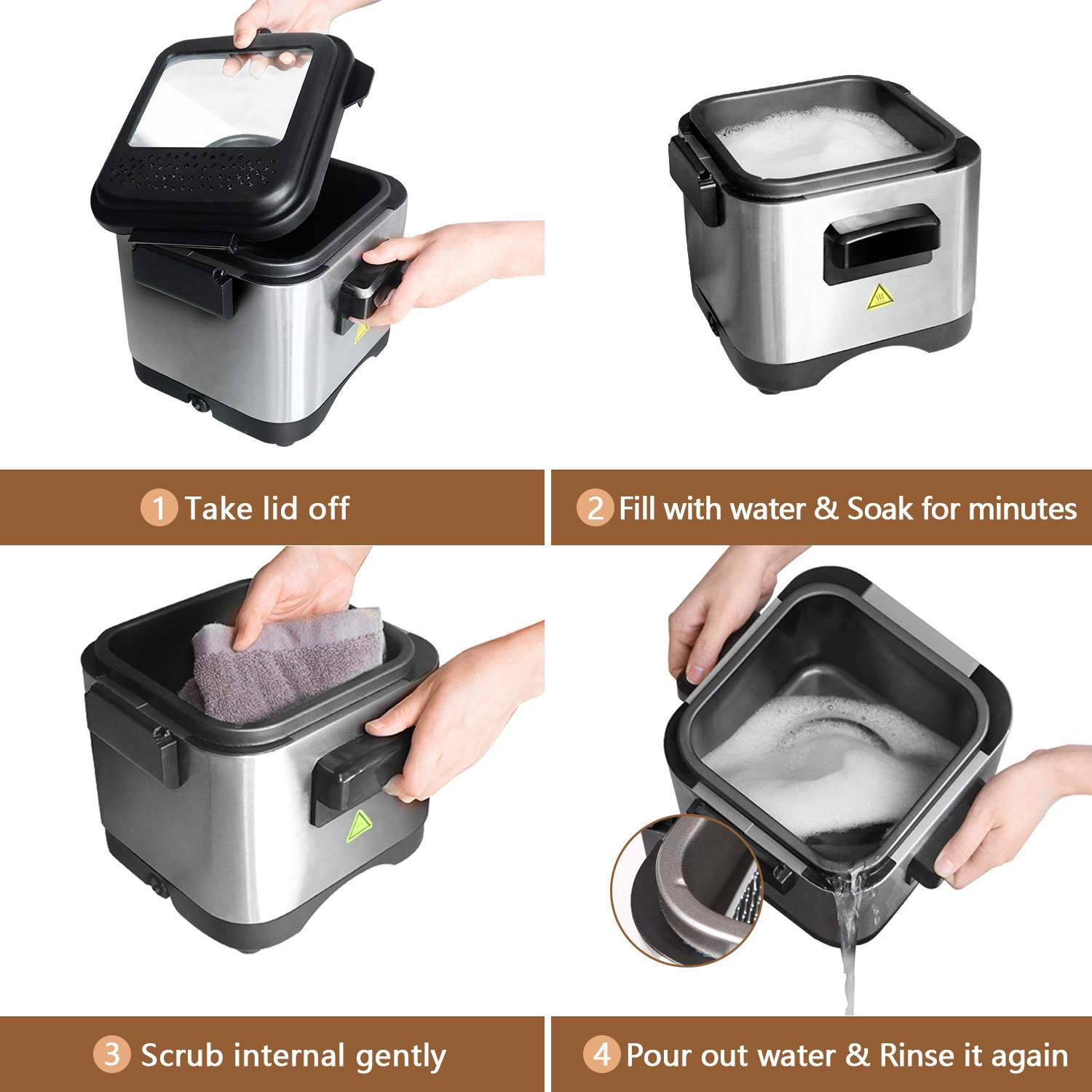 Cuatro imágenes que muestran los pasos para limpiar un dispositivo: quitar la tapa, llenar con agua, frotar y enjuagar.