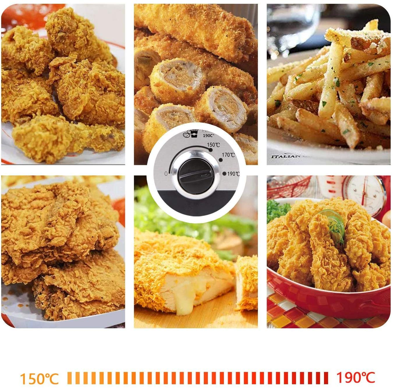 Variedad de alimentos fritos con dial de temperatura de 150°C a 190°C.