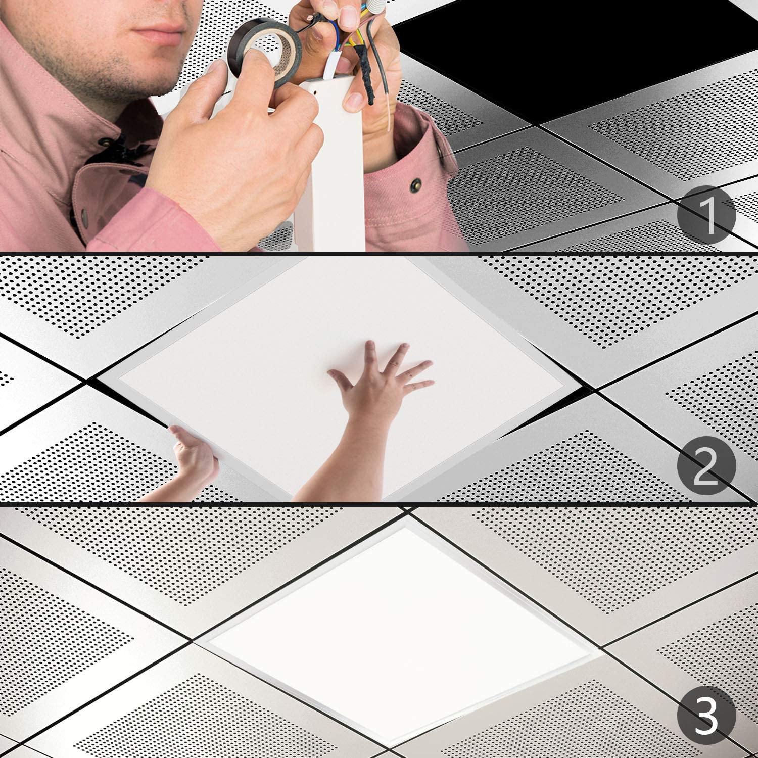 Un uomo collega un apparecchio. Una mano posiziona un pannello. Un apparecchio illuminato.