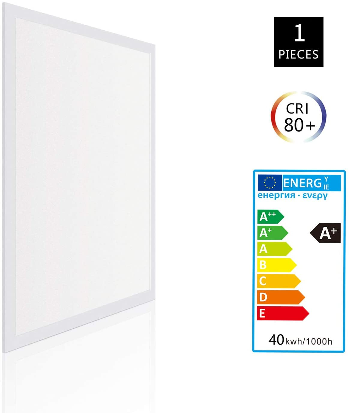 Un pannello LED bianco con etichetta energetica A+ e CRI 80+.
