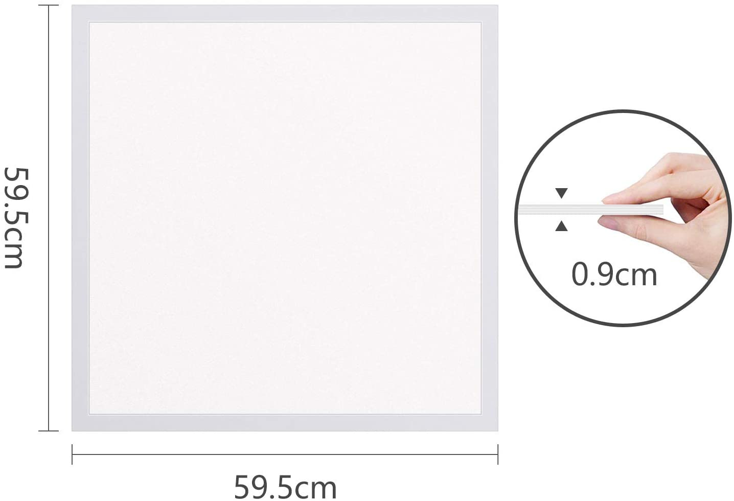 Un pannello bianco 59,5cm x 59,5cm con uno spessore di 0,9cm.