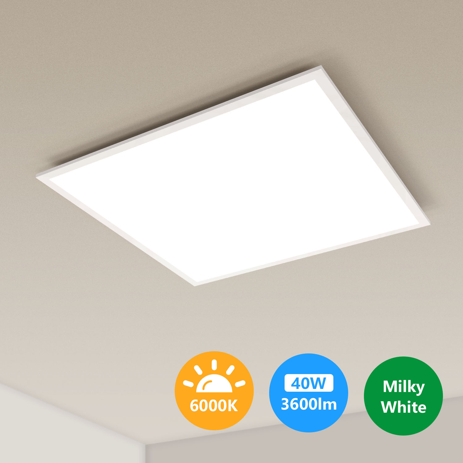 Una plafoniera bianca con 6000K, 40W, 3600lm e colore bianco latte.