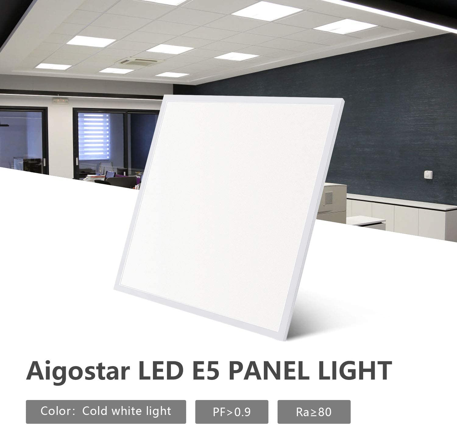 Una lampada a pannello LED E5 Aigostar bianca è esposta in un ufficio moderno con luci a soffitto.