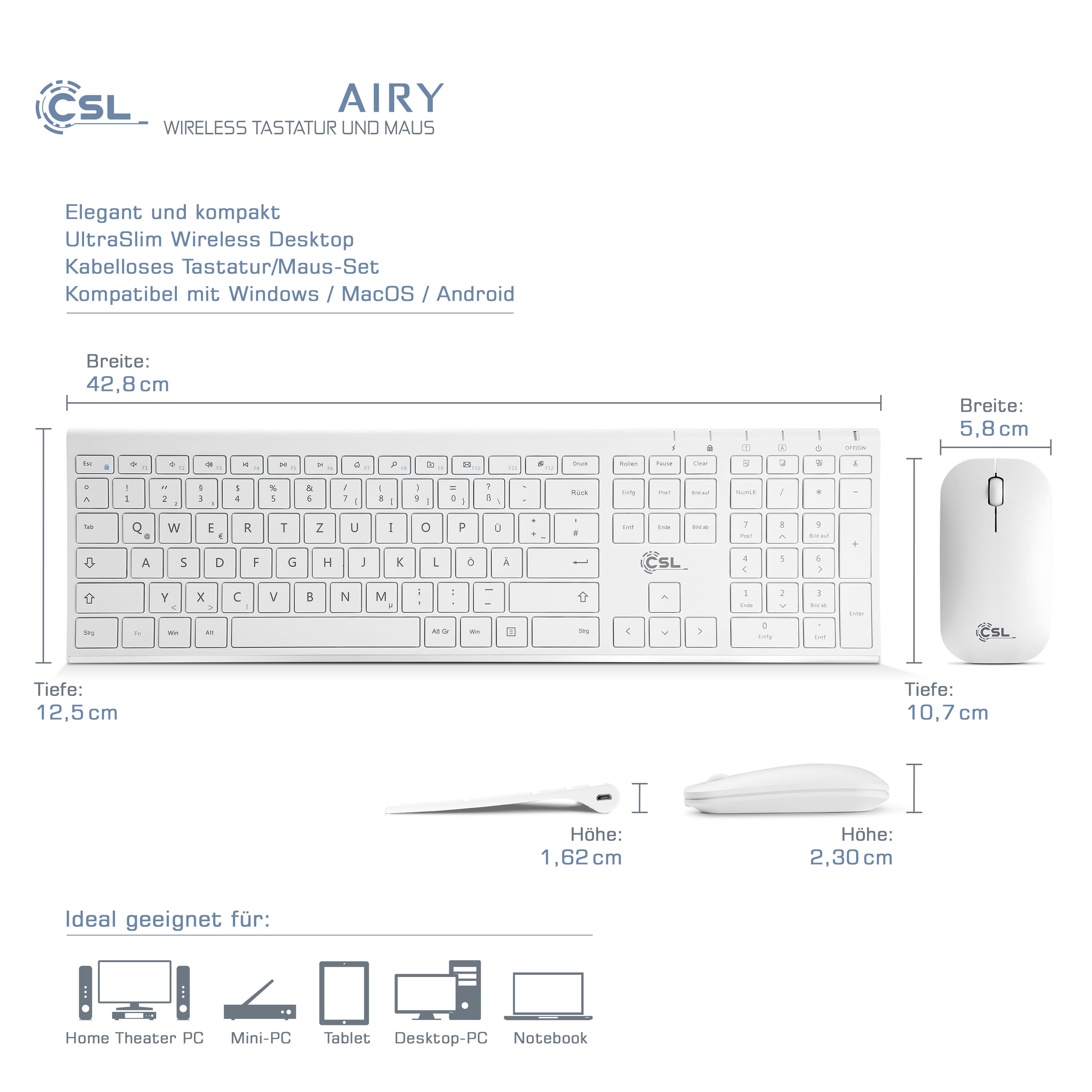 CSL AIRY wireless Tastatur Maus, weiß, weiß Tastatur-/Maus-Set, und