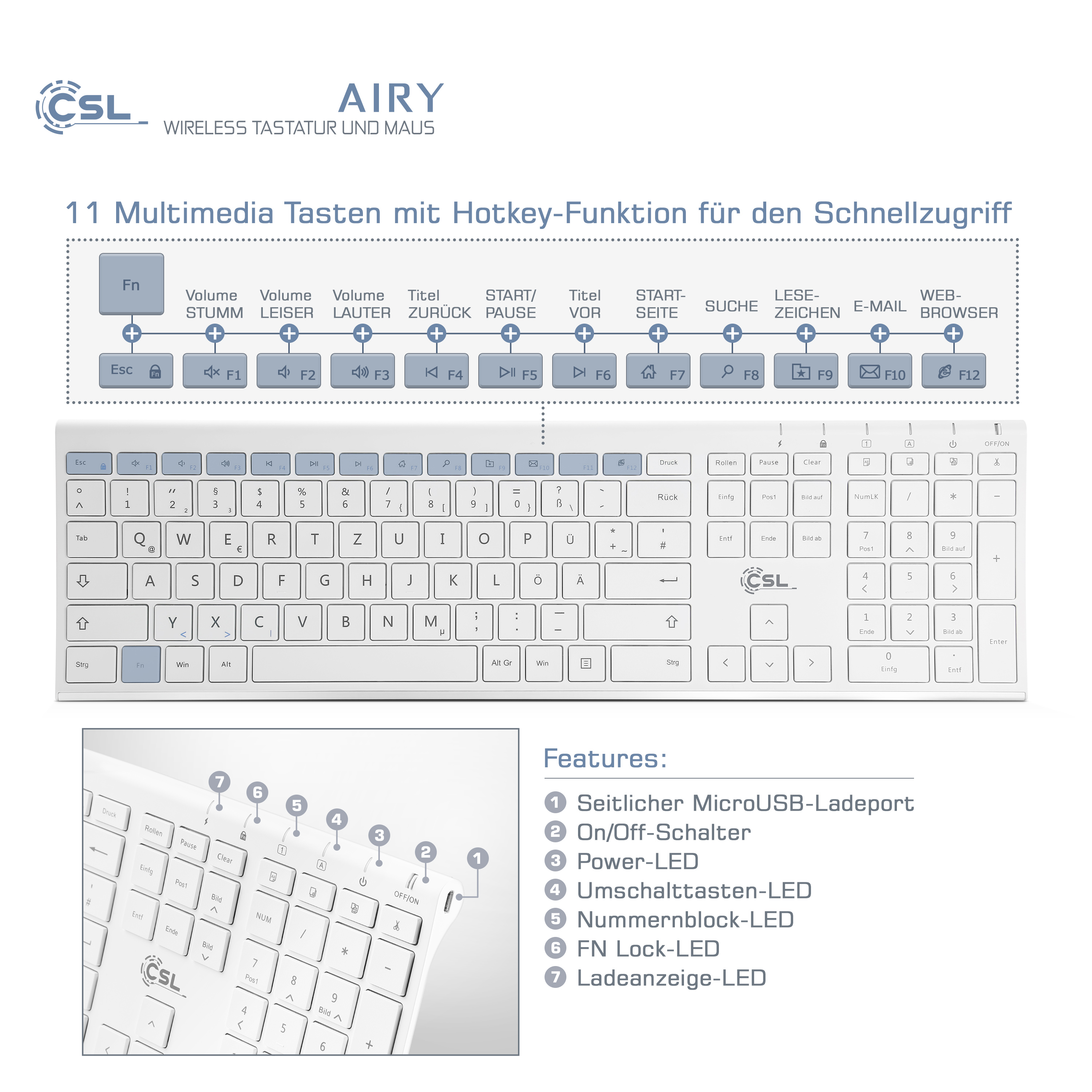 CSL AIRY wireless weiß, Maus, Tastatur-/Maus-Set, und weiß Tastatur
