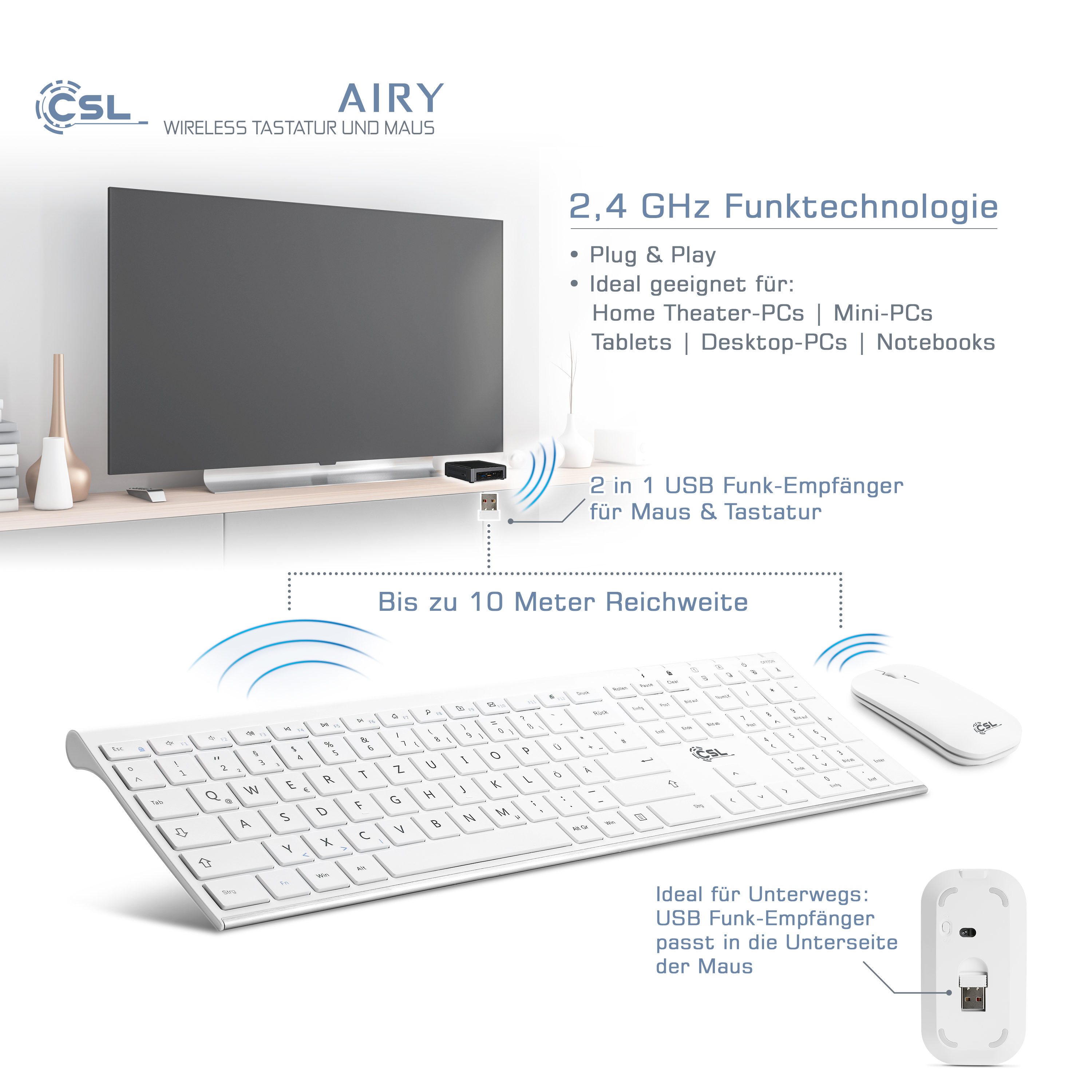 AIRY Maus, Tastatur weiß, Tastatur-/Maus-Set, CSL und weiß wireless