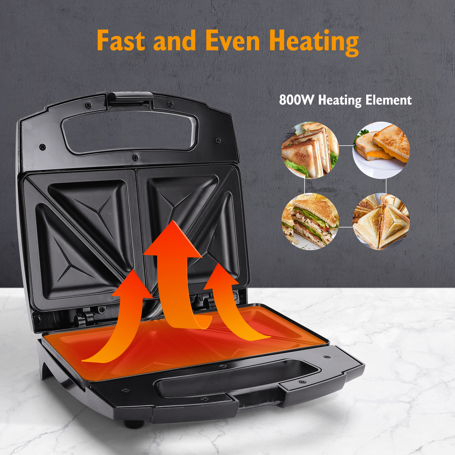 Macchina per sandwich nera, aperta, che mostra due panini e l'elemento riscaldante. Testo: Fast and Even Heating.