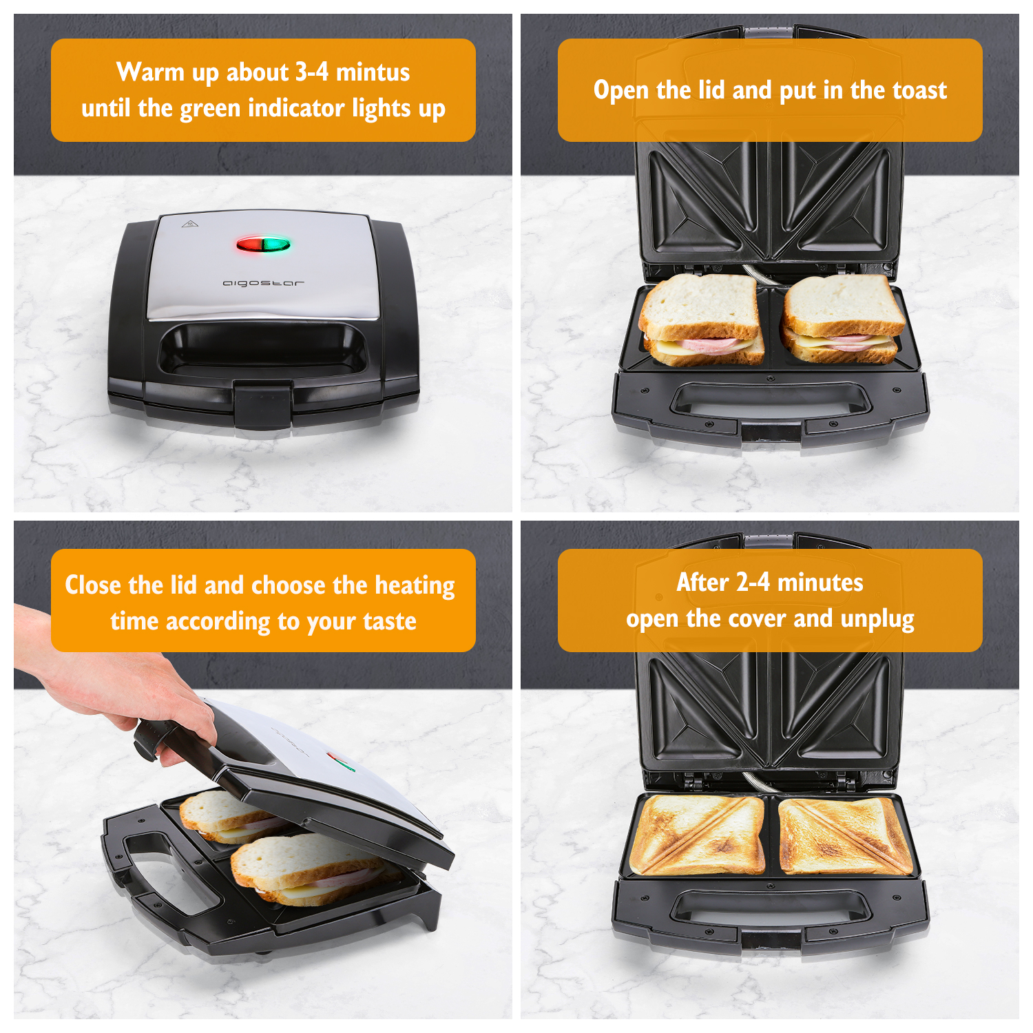 Quattro immagini mostrano le fasi di utilizzo di una macchina per sandwich per tostare il pane.