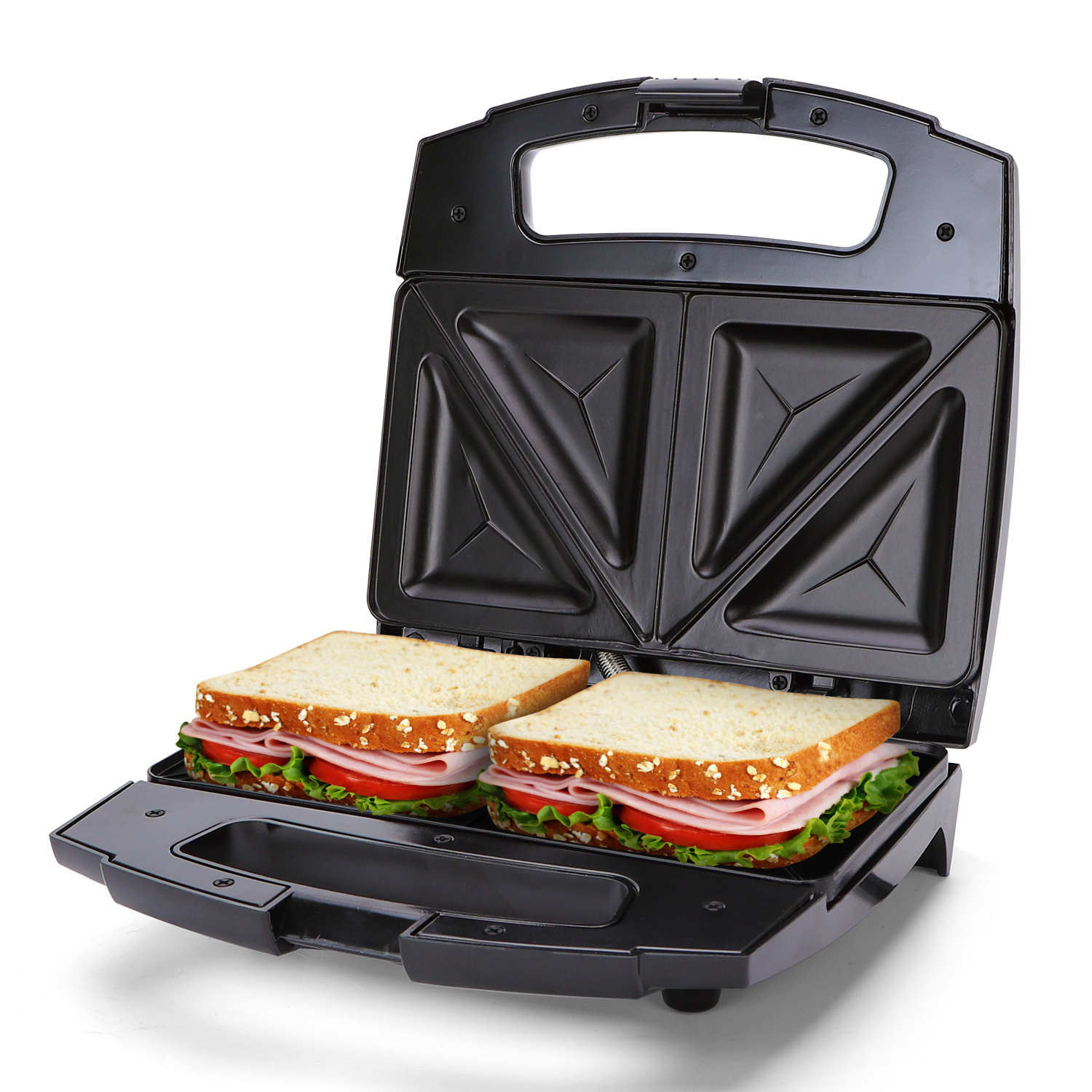 Una macchina per sandwich nera aperta con due panini all'interno. I panini hanno prosciutto e lattuga.