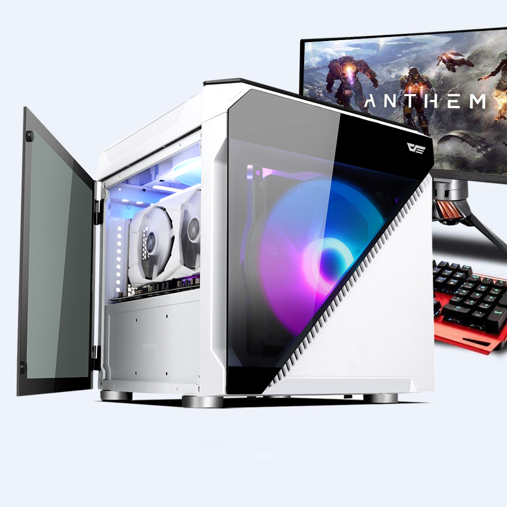 Weißes Computergehäuse mit geöffneter Seitenwand. Zeigt interne Komponenten und Lüfter. Gaming-Setup.