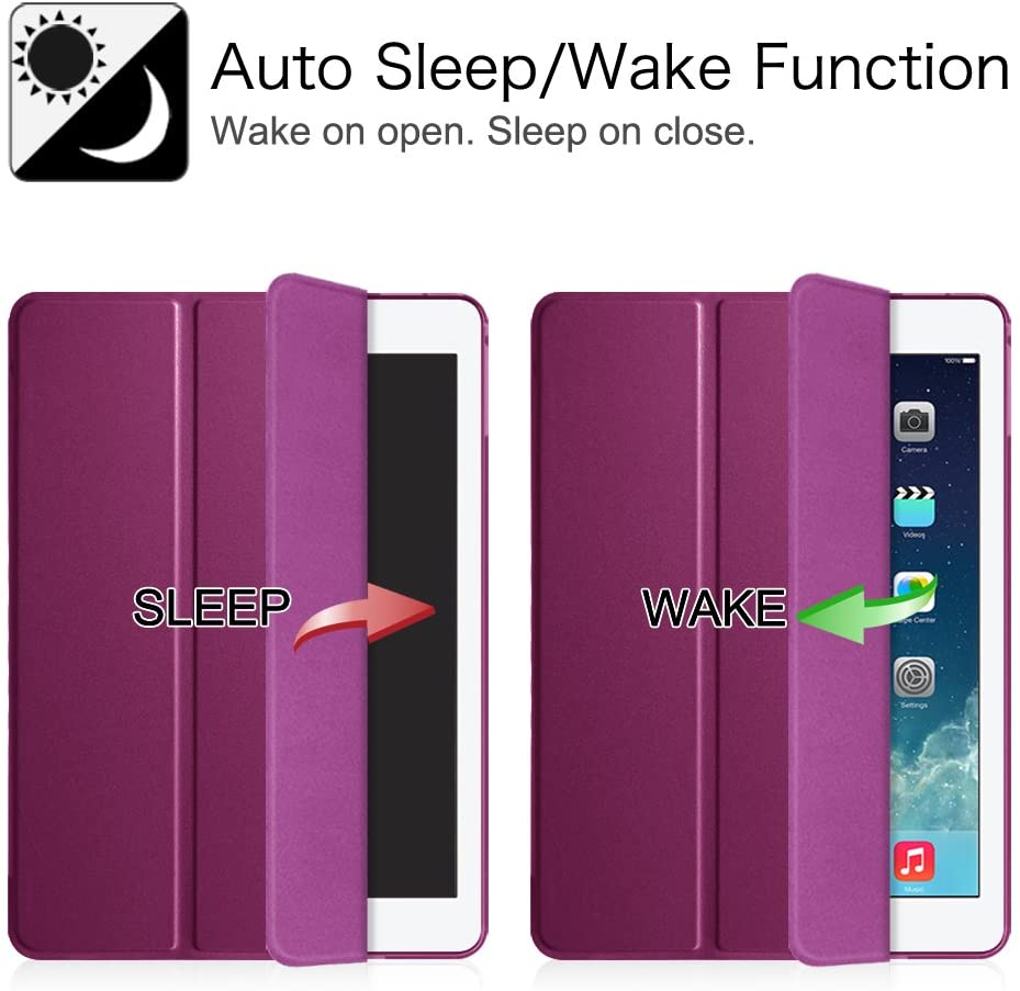 Tablet-Hülle geöffnet und geschlossen. Lila Hülle und Tablet. Text: Auto Sleep/Wake Function. Wake on open.
