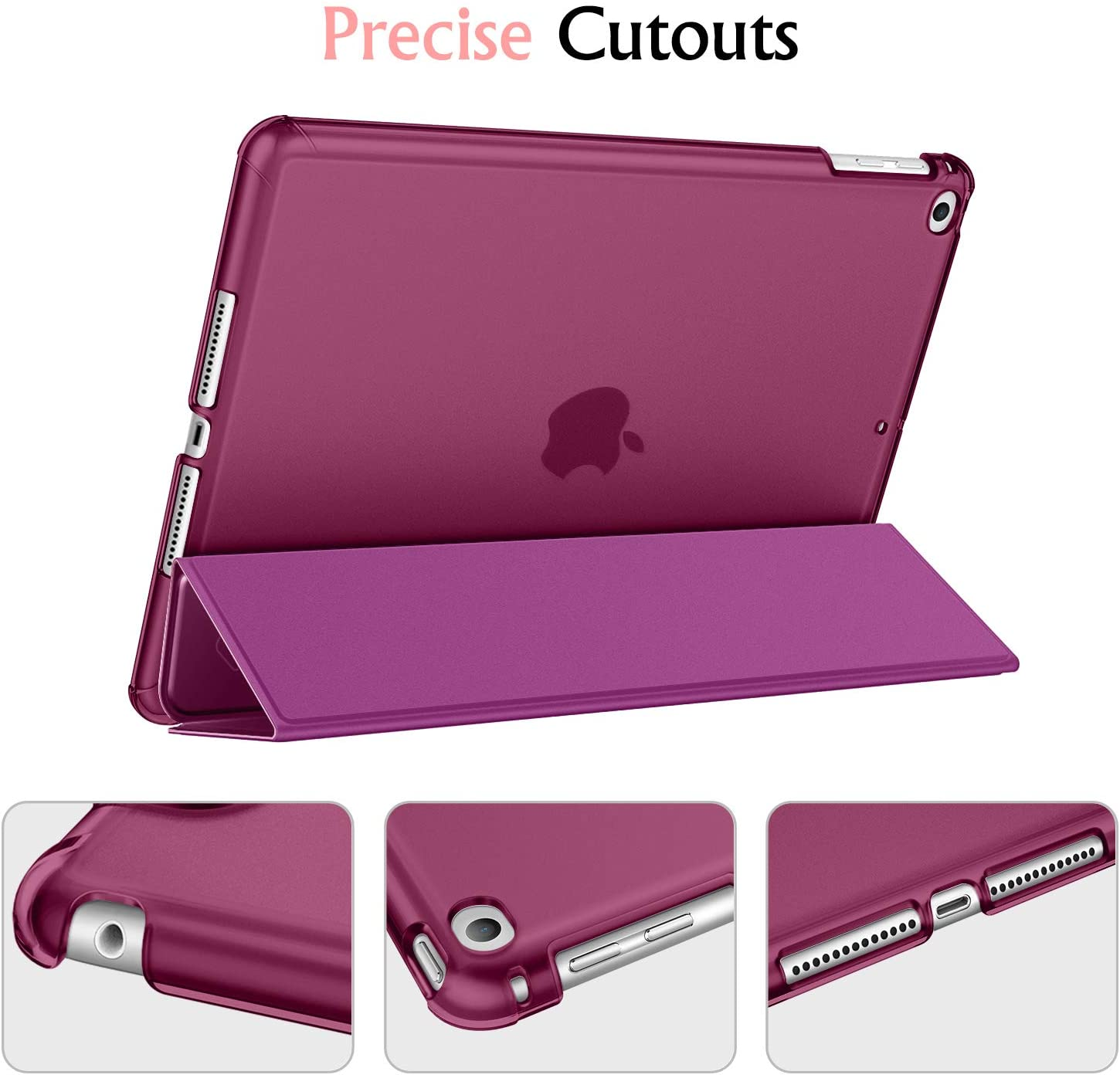 Tablethülle in Magenta, geöffnet, Tablet mit präzisen Aussparungen zeigend.