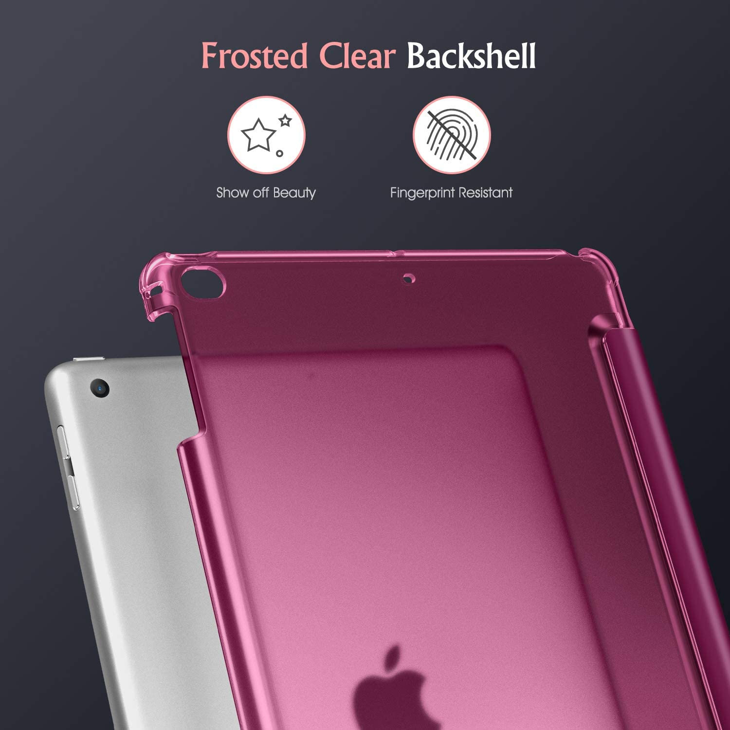 Eine rosa, satinierte iPad-Rückschale neben einem silbernen iPad mit Etiketten für Schönheit und Fingerabdruckschutz.