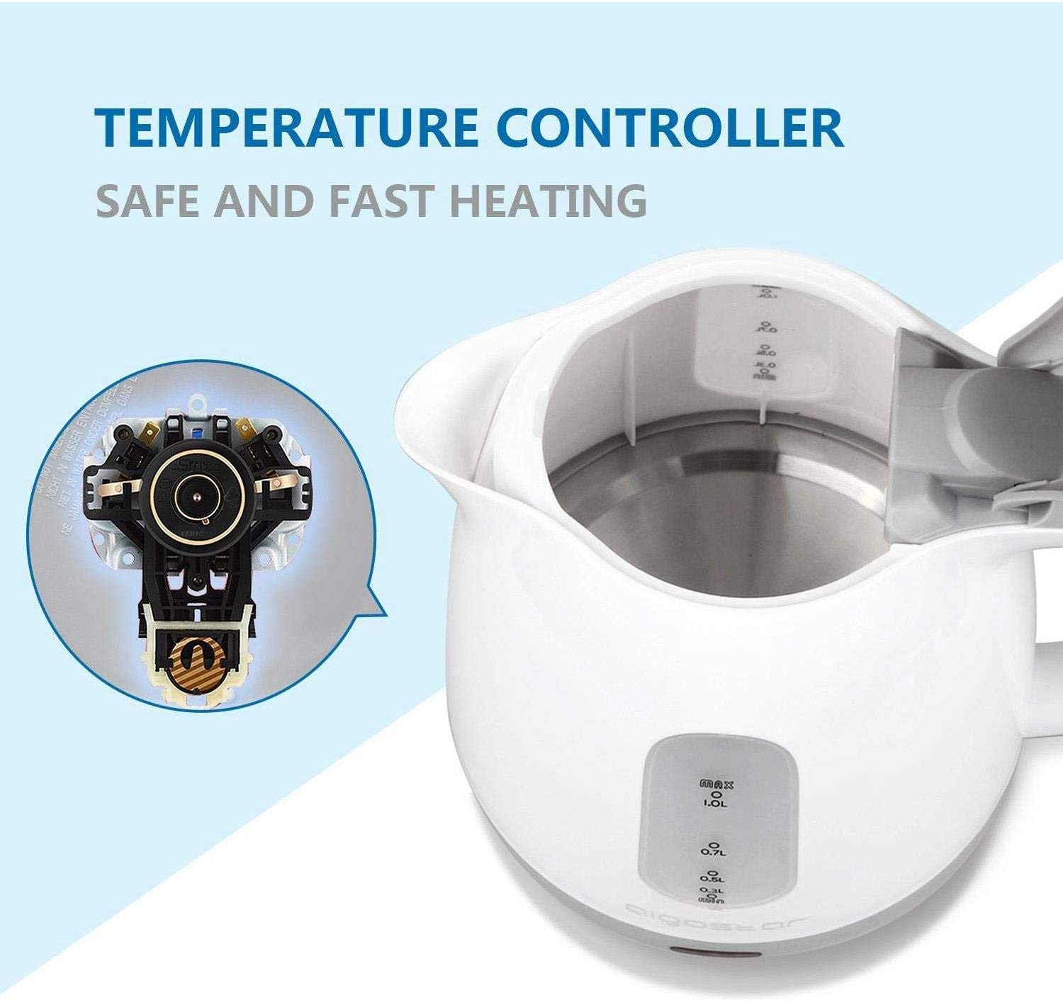 Bollitore elettrico bianco con indicatore livello acqua e sezione elemento riscaldante.