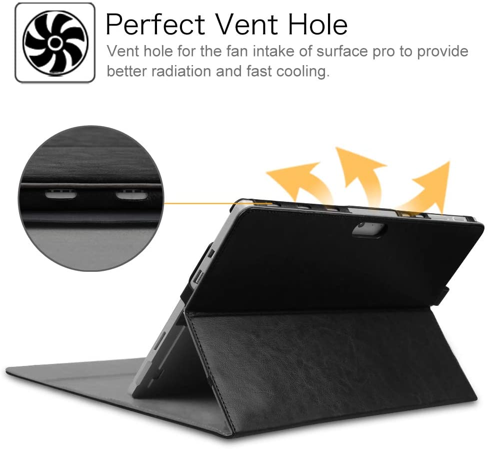 Tablet-Hülle mit Lüftungsloch, orangen Pfeilen und Text 'Perfect Vent Hole'.