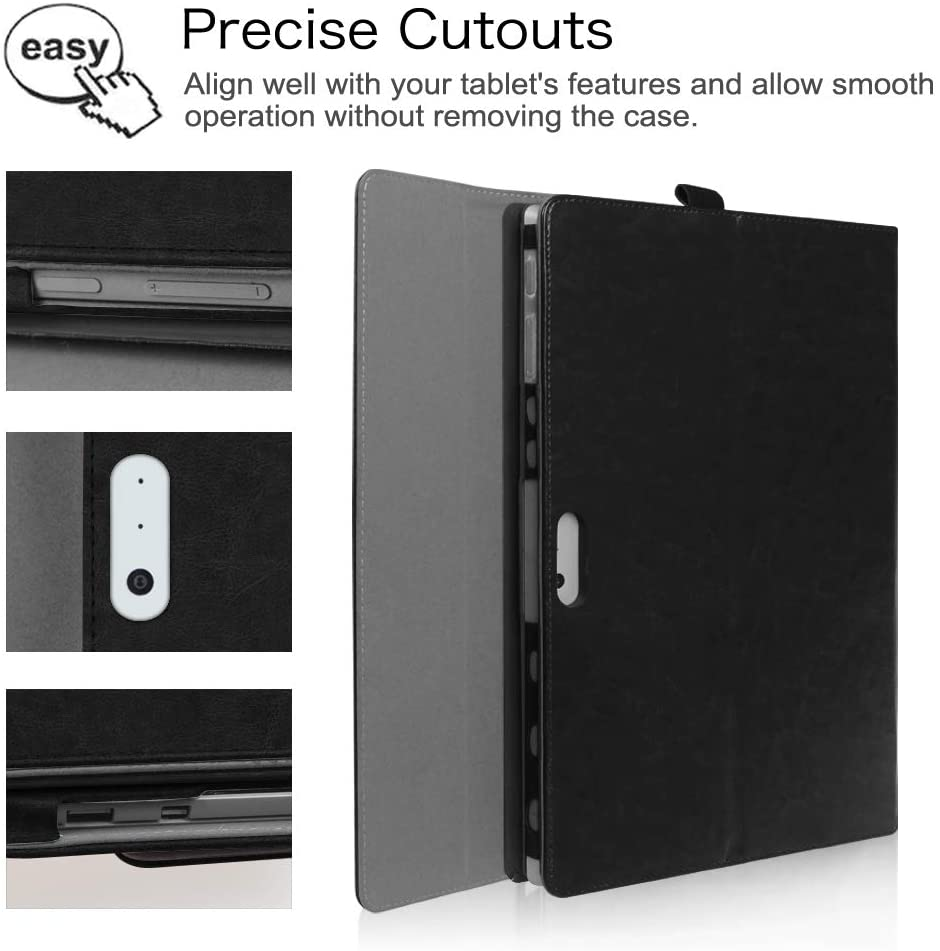 Eine schwarze Tablethülle mit präzisen Aussparungen, die Details wie Knöpfe und Anschlüsse zeigt.