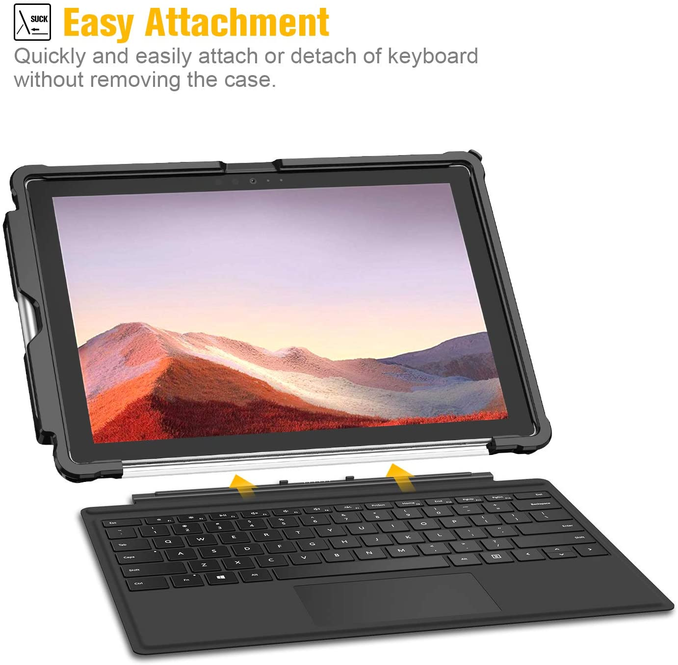 Tablet mit angeschlossener Tastatur. Die Tastatur lässt sich für einfaches Anbringen und Abnehmen verschieben.