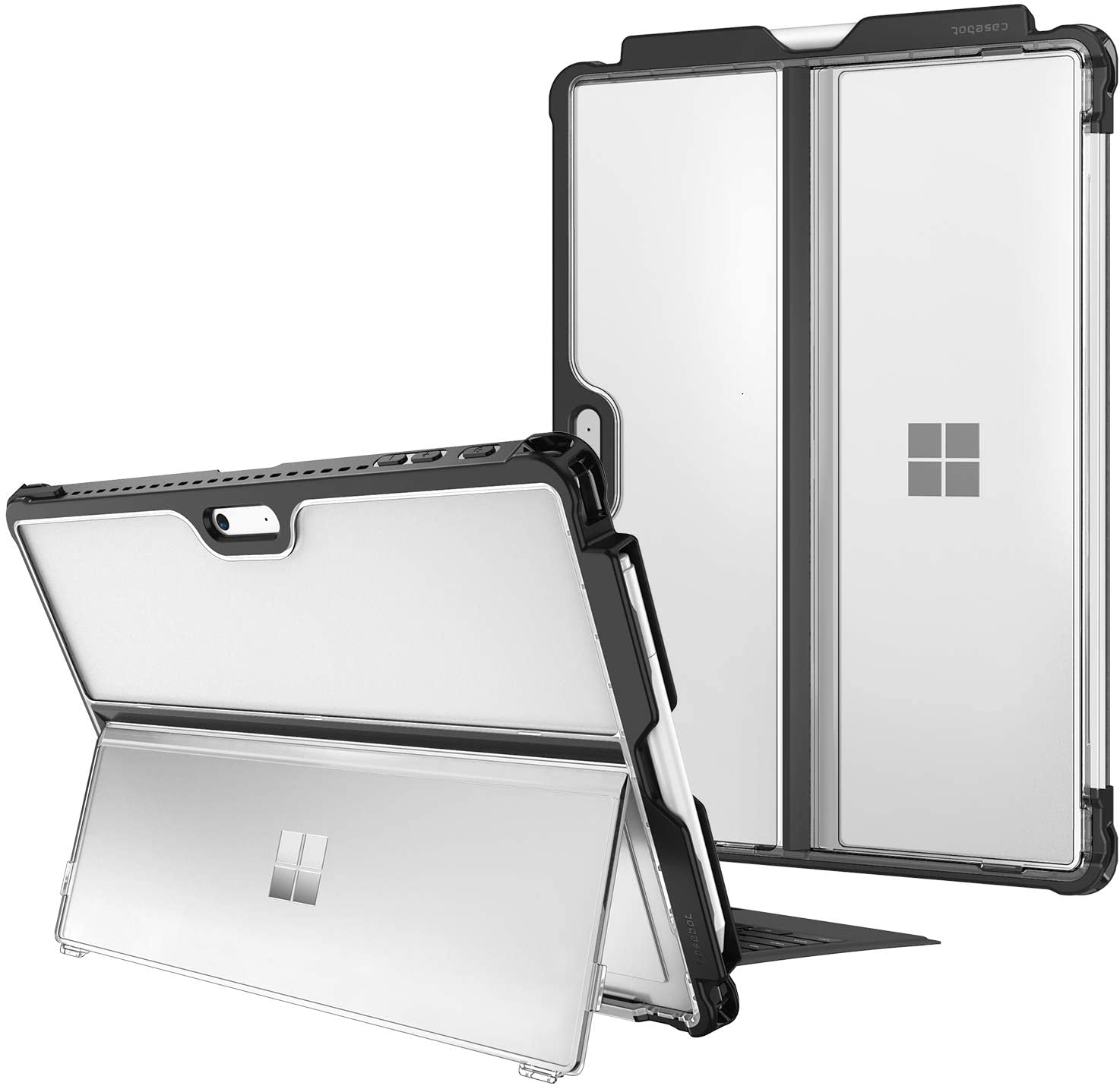 Tablet in einer transparenten Hülle. Weißer Sockel und schwarze Kanten. Hülle gefaltet.