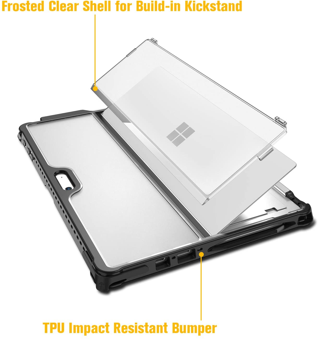 Transparente Tablet-Hülle mit einer mattierten, transparenten Schale und TPU-Stoßfänger. Die Hülle ist zweiteilig und offen.