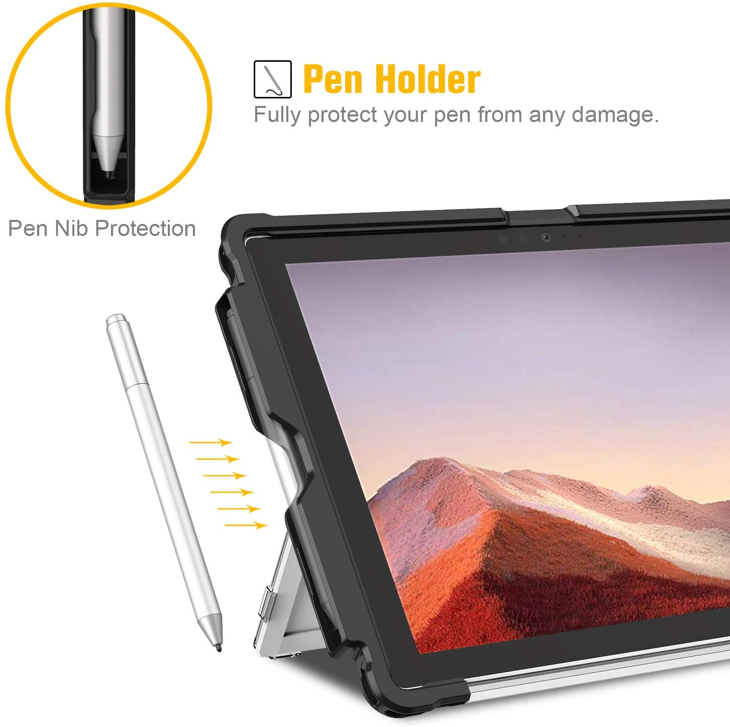 Eine schwarze Tablet-Hülle mit einem Stift. Der Stift ist weiß, und das Tablet ist sichtbar.