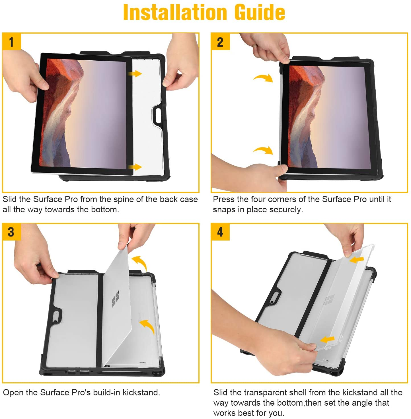 Vier Schritte zur Installation einer Tablet-Hülle, die die Montage der Hülle veranschaulichen.