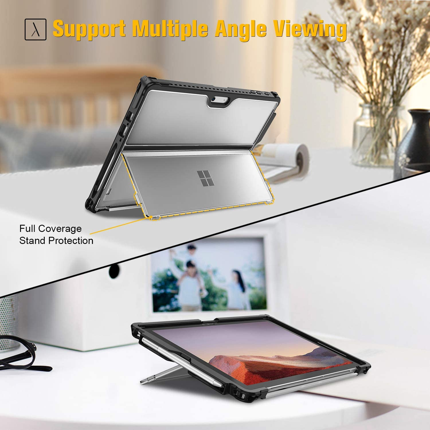 Tablet mit Schutzhülle in zwei Positionen. Der Hintergrund ist eine helle Oberfläche.