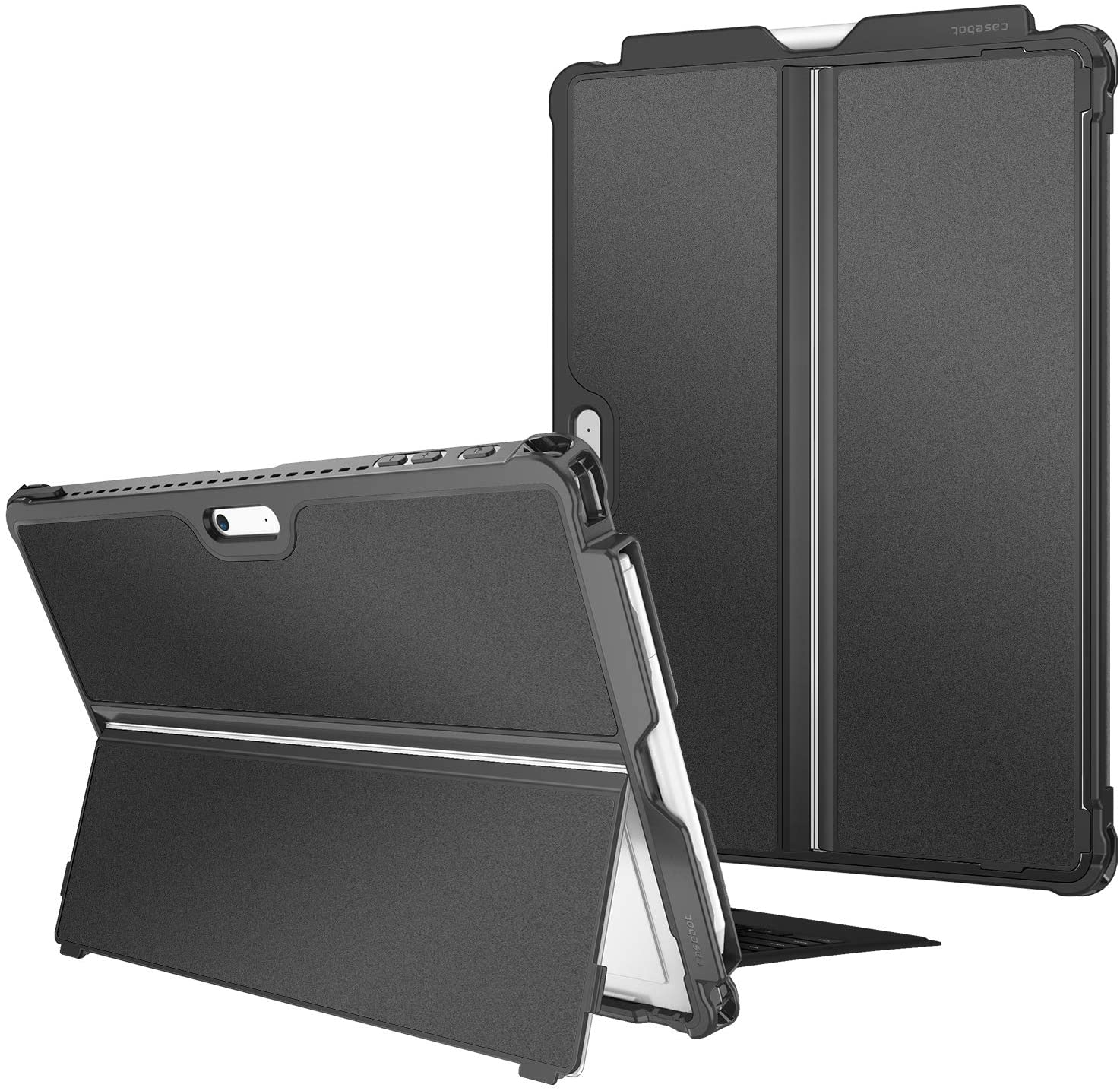 Zwei schwarze Tablethüllen. Eine offen, ein Tablet zeigend. Die andere geschlossen.