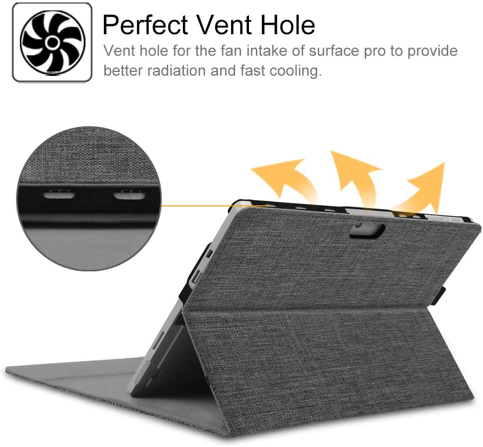 Tablet-Ständer, graue Abdeckung und Pfeile. Text: Perfect Vent Hole, zeigt Lufteinlass zur Kühlung.