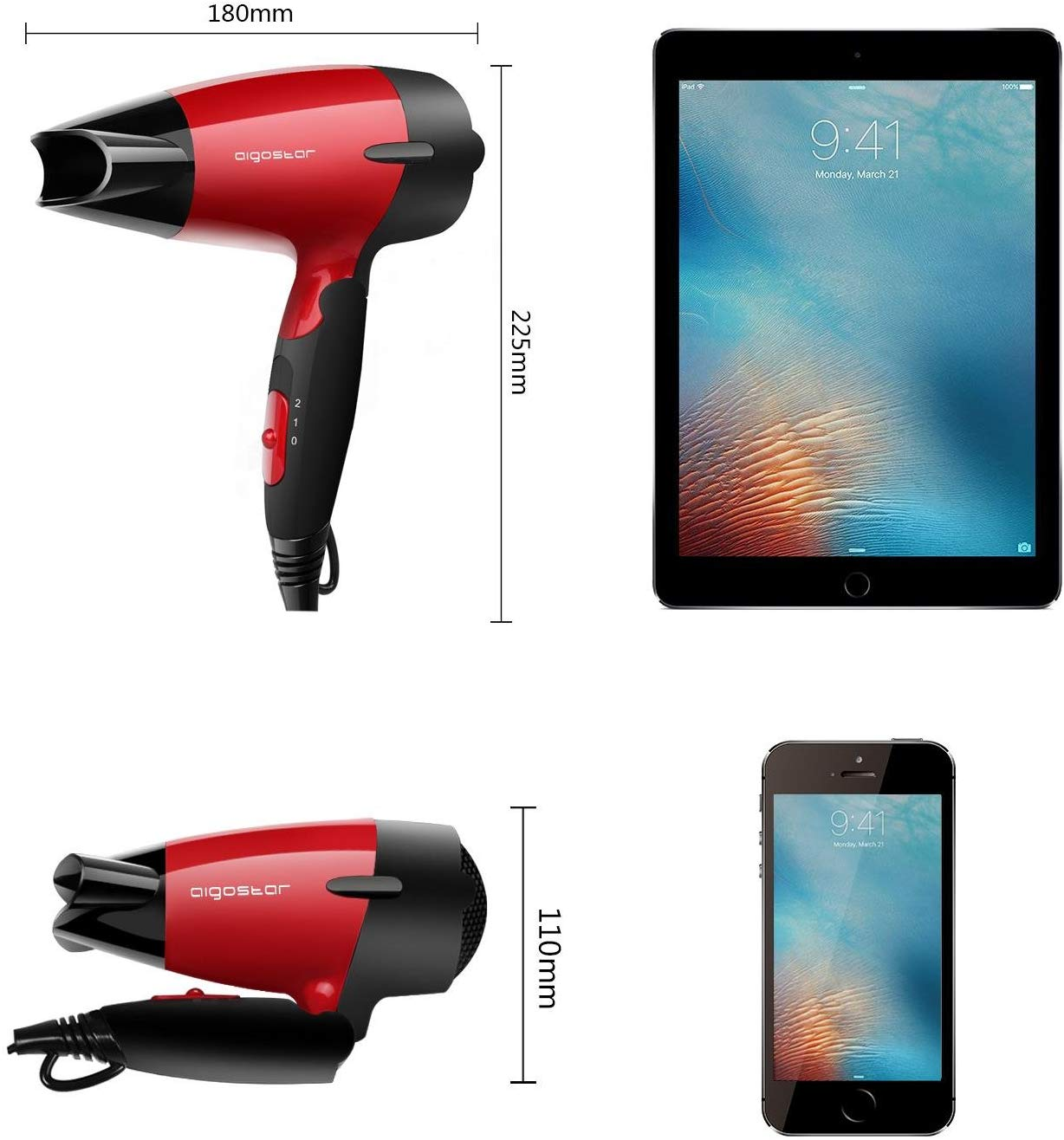 Roter und schwarzer Haartrockner mit den Maßen: 180 mm x 225 mm, 110 mm. iPad und Telefon.