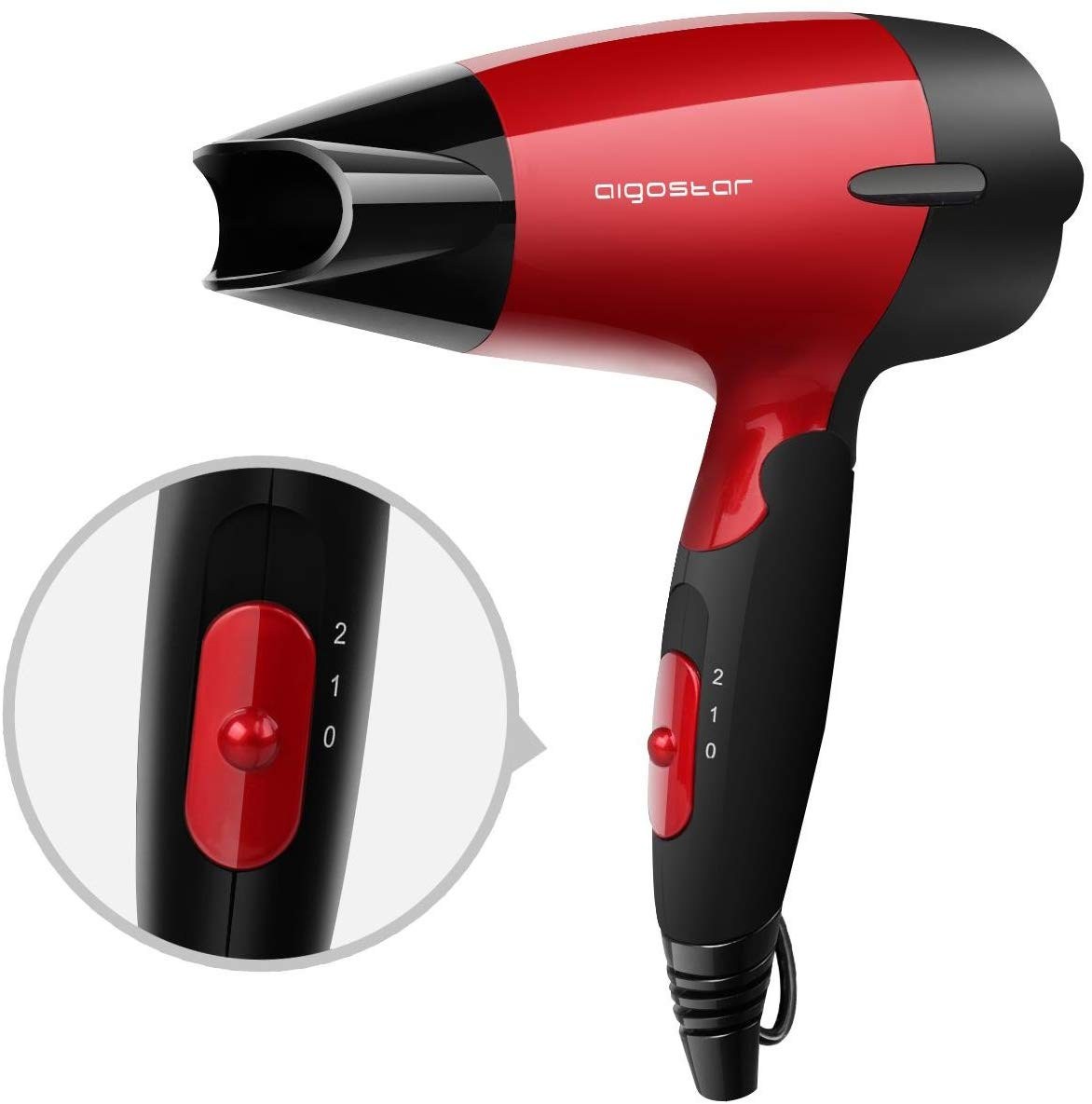 Roter und schwarzer Haartrockner mit Einstellrad. Nahaufnahme des Rades mit den Optionen 0, 1 und 2.