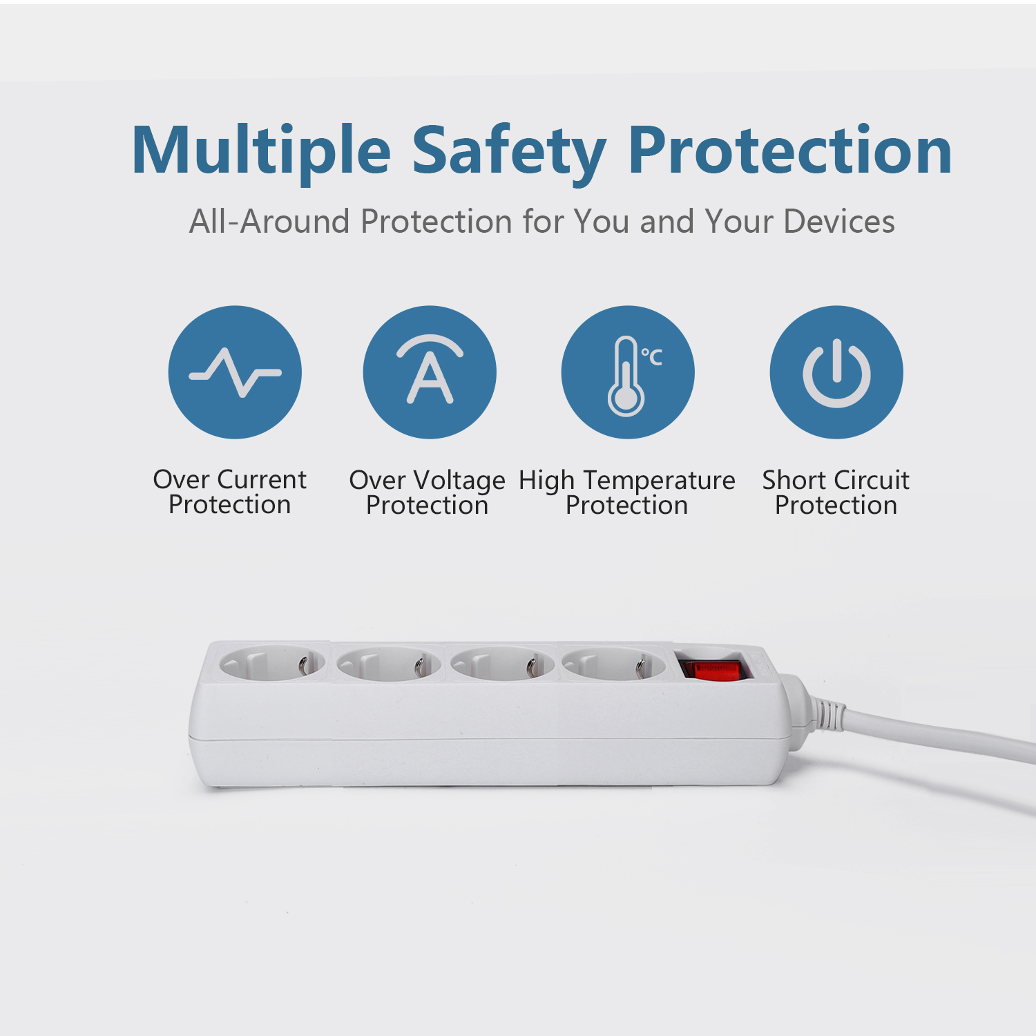Regleta blanca con cuatro enchufes y un interruptor rojo, e iconos de seguridad.