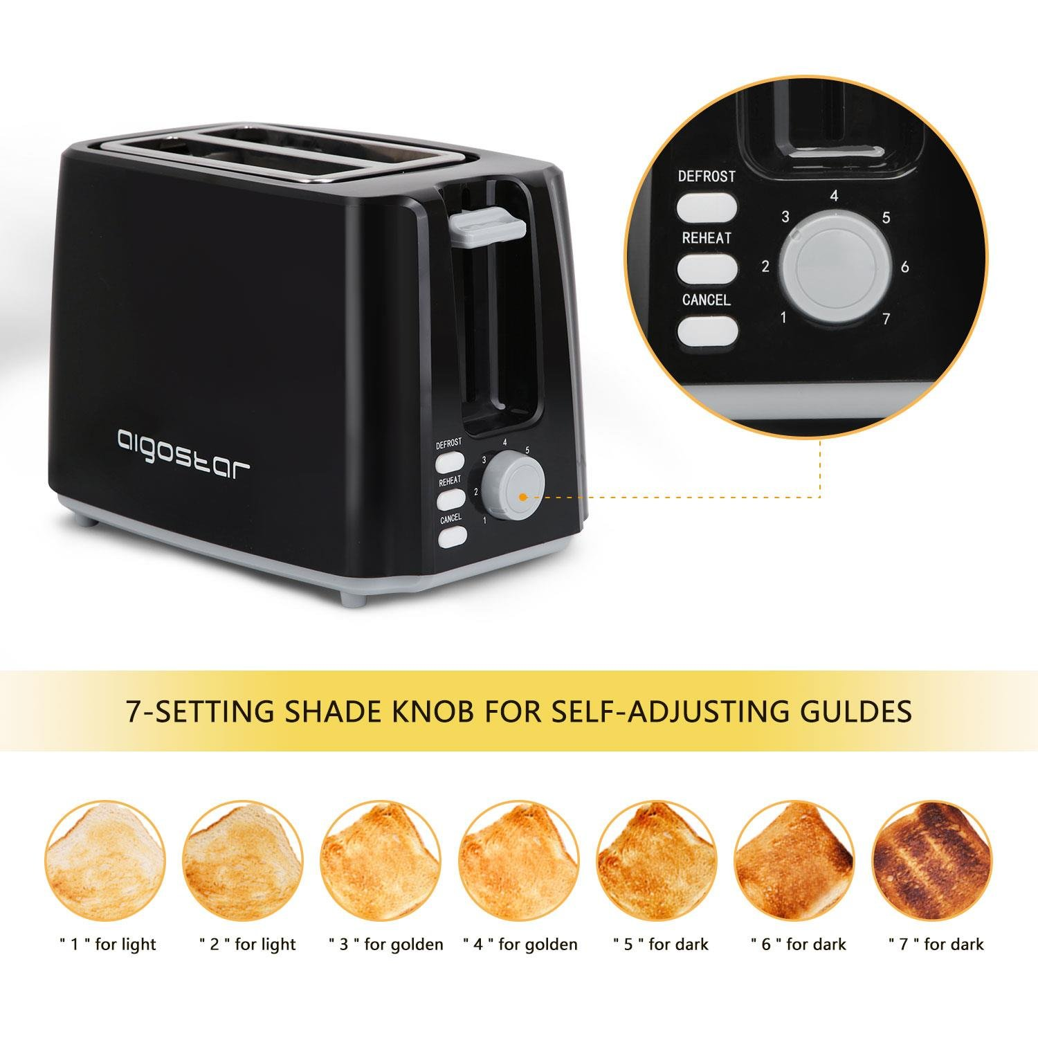 Tostapane nero con manopola per la doratura. Immagini di toast mostrano diverse tonalità. Testo: Manopola a 7 posizioni.