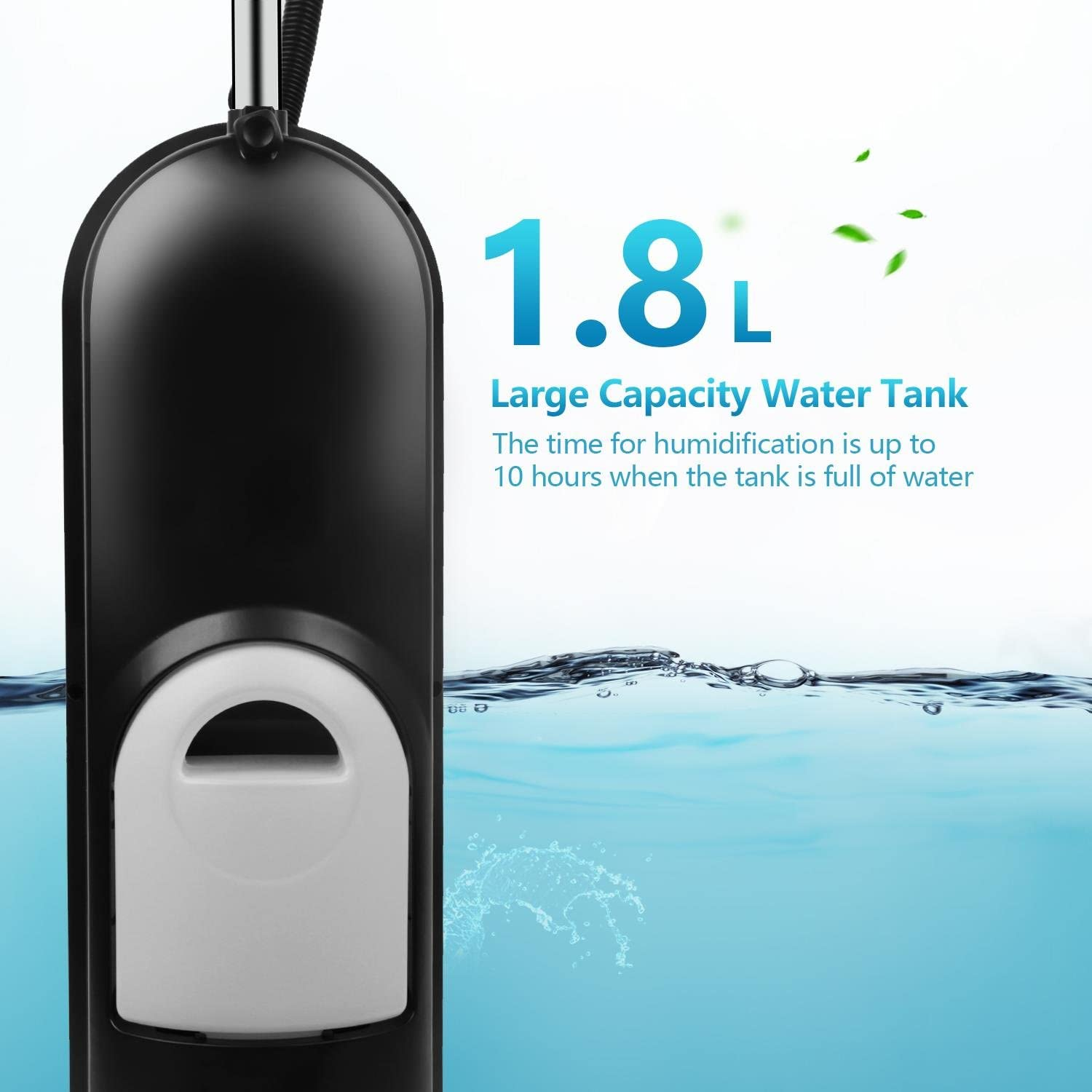 Umidificatore nero con base bianca e indicatore del livello dell'acqua, con sfondo acquatico.