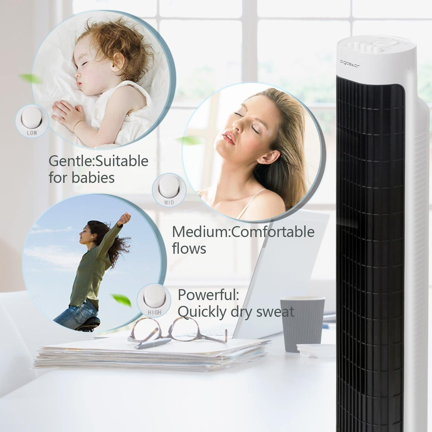 Torre ventilatore con immagini di bambini, donne e descrizioni delle impostazioni del flusso d'aria.