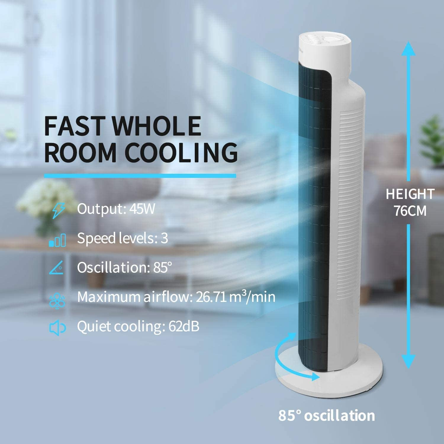 Ventilatore a torre bianco alto con flusso d'aria blu, che mostra uscita, livelli di velocità, oscillazione e raffreddamento silenzioso.